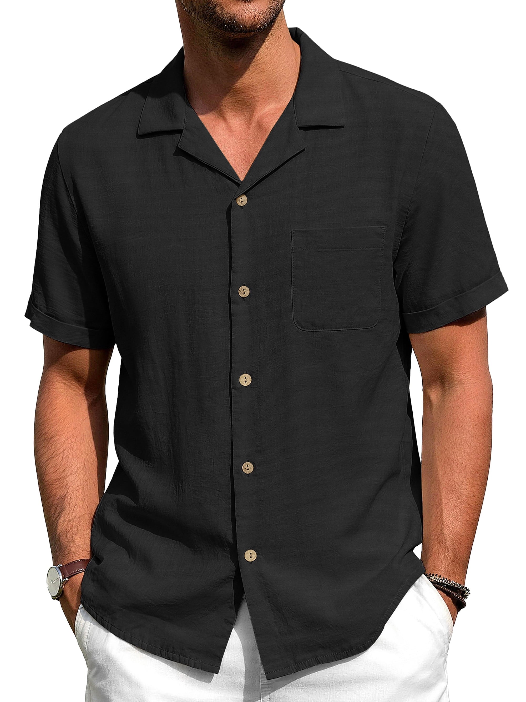 Men Linen Shirts Casual Short Sleeve Button down Shirts for Men Beach Tops with Pocket