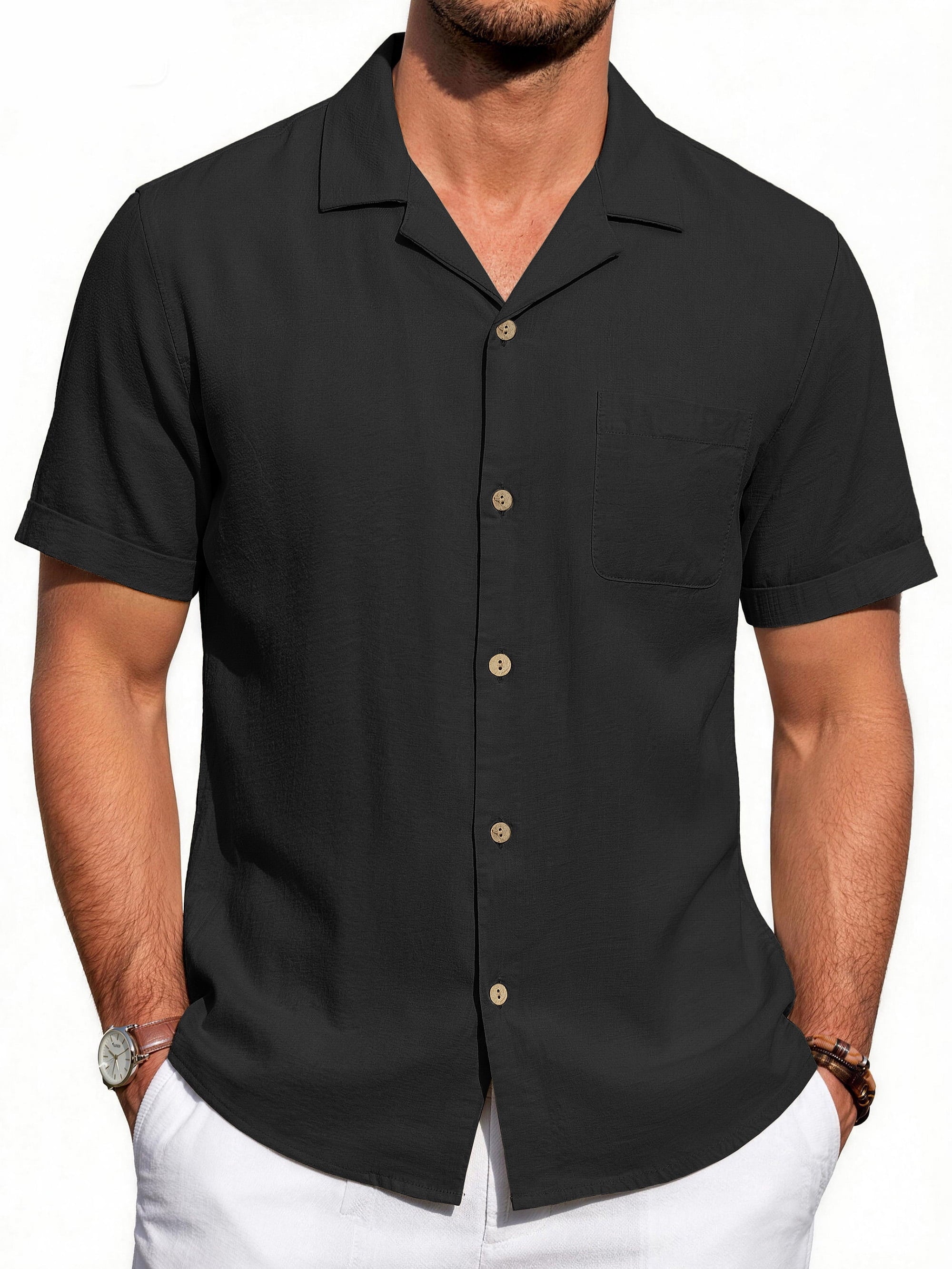 Men Linen Shirts Casual Short Sleeve Button down Shirts for Men Beach Tops with Pocket